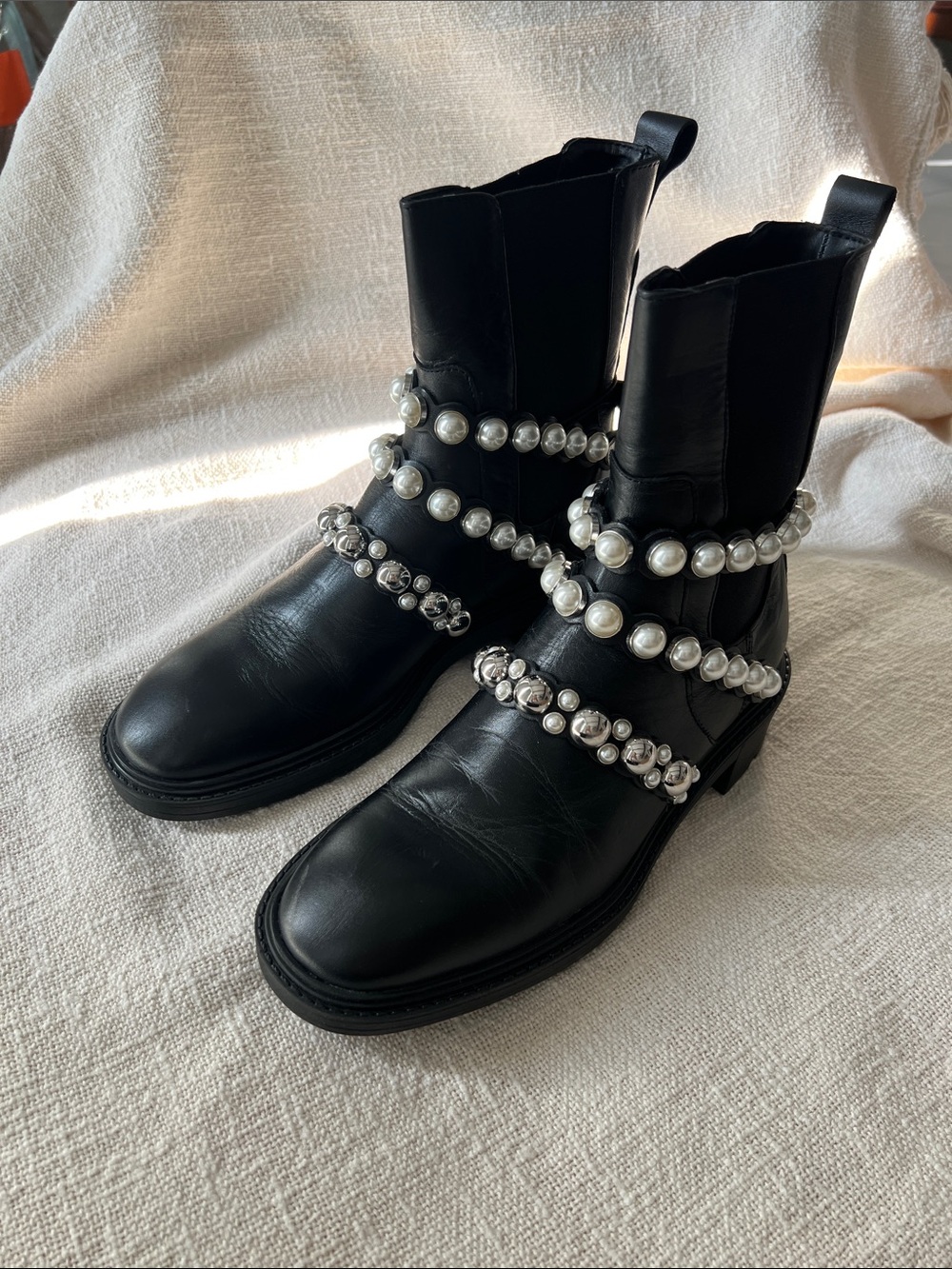 Zara Black Pearl-Embellished Leather Ankle Boots - Women
